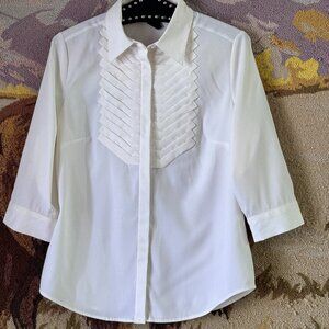 Style & Co Stretch Sz 6 (S) White Blouse Button Up Shirt 3/4 Sleeve Decorated